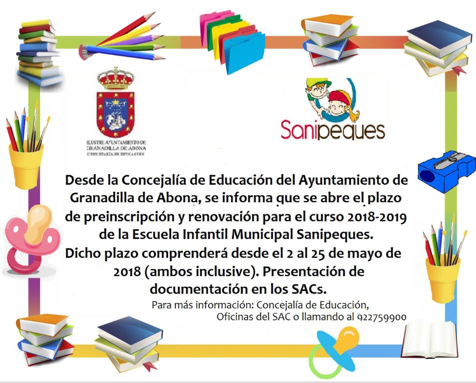 El plazo de preinscripción y renovación de plazas del curso 2018-2019 para la Escuela Infantil Municipal ‘Sanipeques’ finaliza este viernes