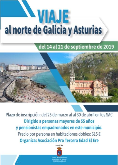 El plazo de inscripción al ‘Viaje al norte de Galicia y Asturias’ para mayores de 55 años a realizar entre el 14 y el 21 de septiembre finaliza este martes 30 de abril